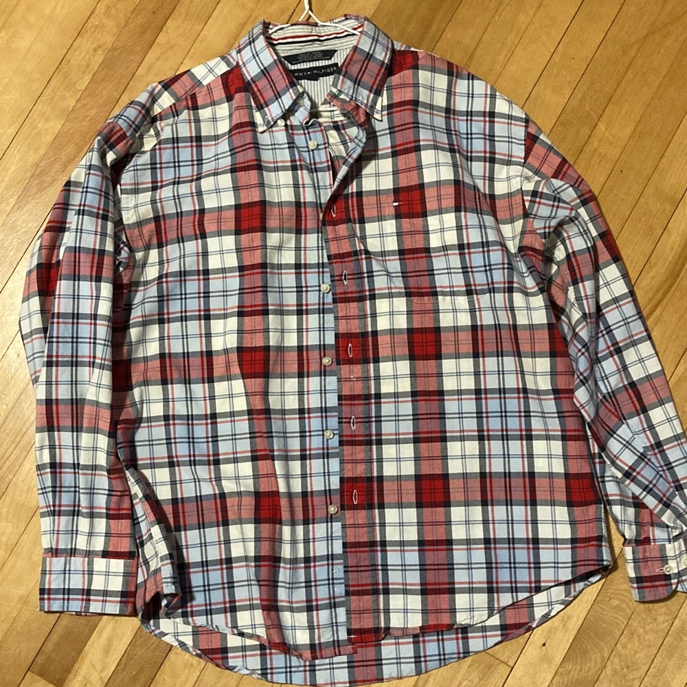 Tommy Hilfiger Men's Blue and Red Plaid Shirt